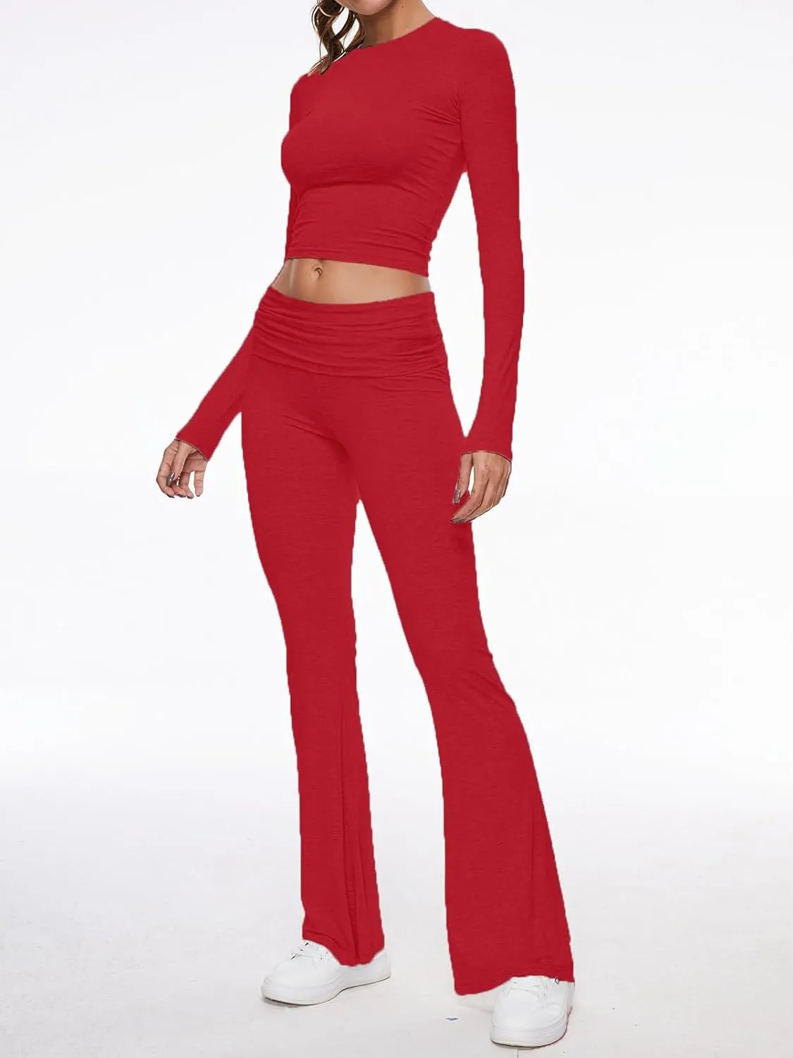 AnotherChill Women's 2 Piece Lounge Sets Fold-over Flare Pants Set Long Sleeve Cropped Top Casual Outfits Pajamas
