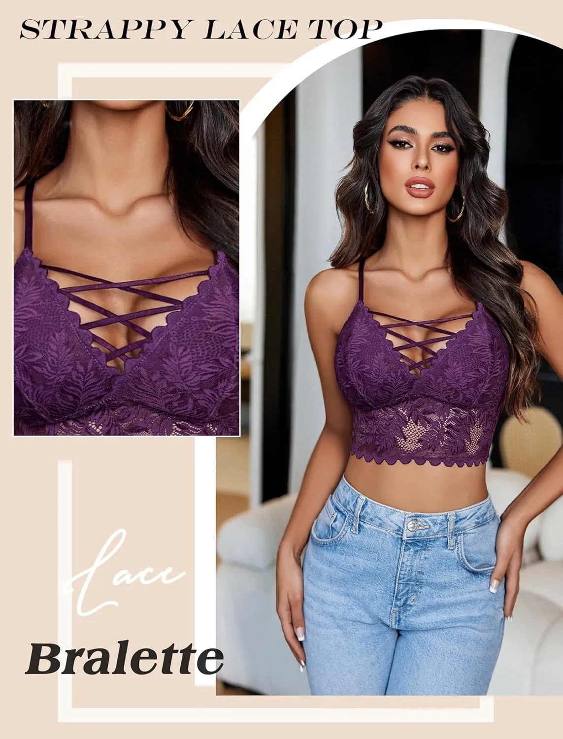 Avidlove Bralettes for Women V Neck Lace Camisole Y2K Tank Top Strappy Cami Unpadded Bra Lingerie Crop Tops Outfits