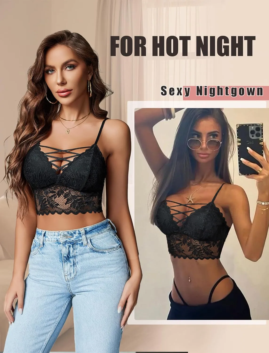 Avidlove Bralettes for Women V Neck Lace Camisole Y2K Tank Top Strappy Cami Unpadded Bra Lingerie Crop Tops Outfits