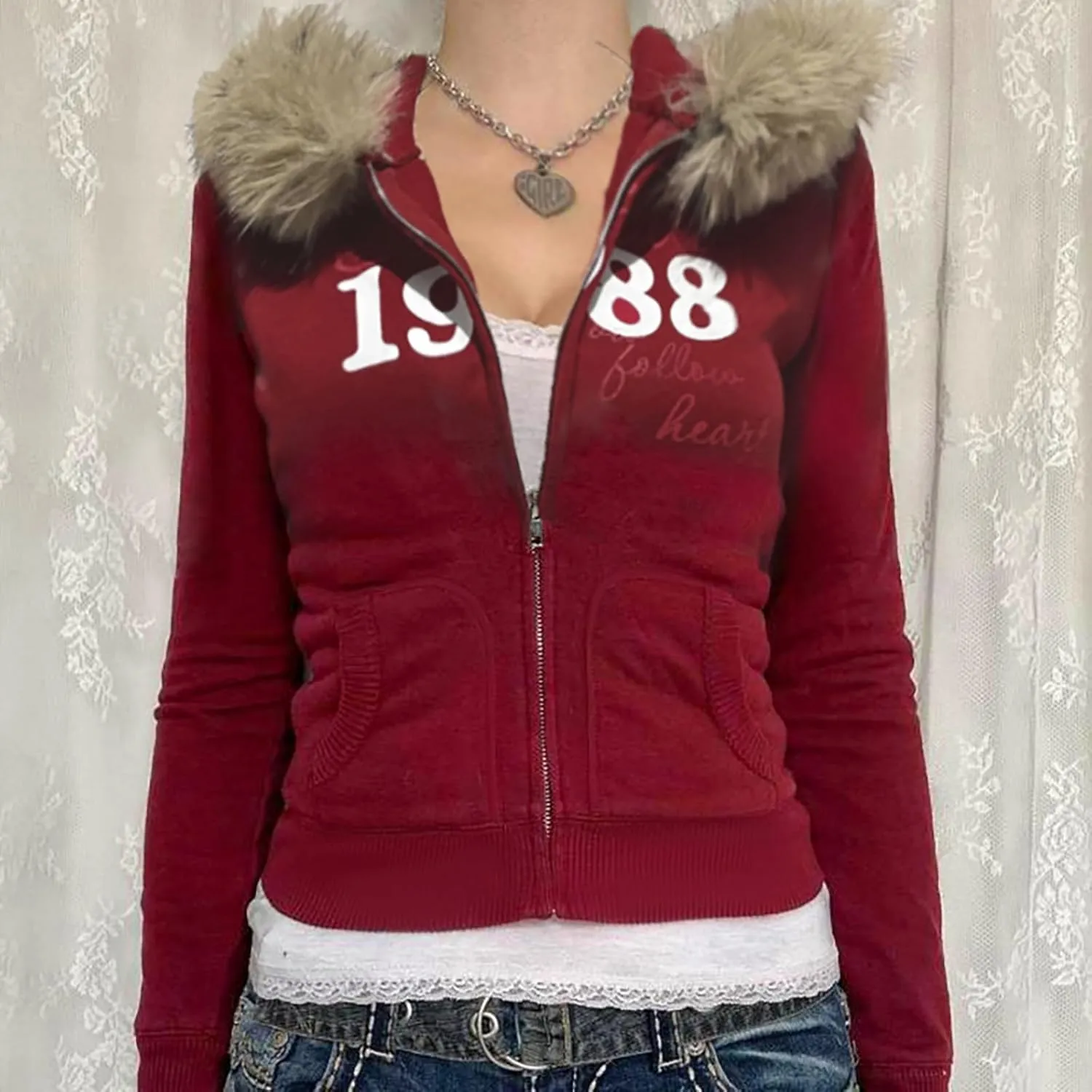 BAIMORE Women's Y2k Vintage Faux Fur Hood Zip Up Letter Graphic Long Sleeve Slim Hoodie