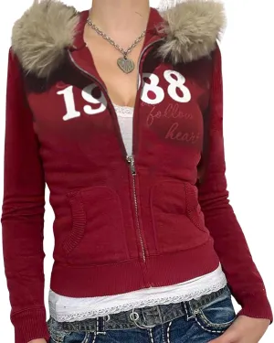 BAIMORE Women's Y2k Vintage Faux Fur Hood Zip Up Letter Graphic Long Sleeve Slim Hoodie
