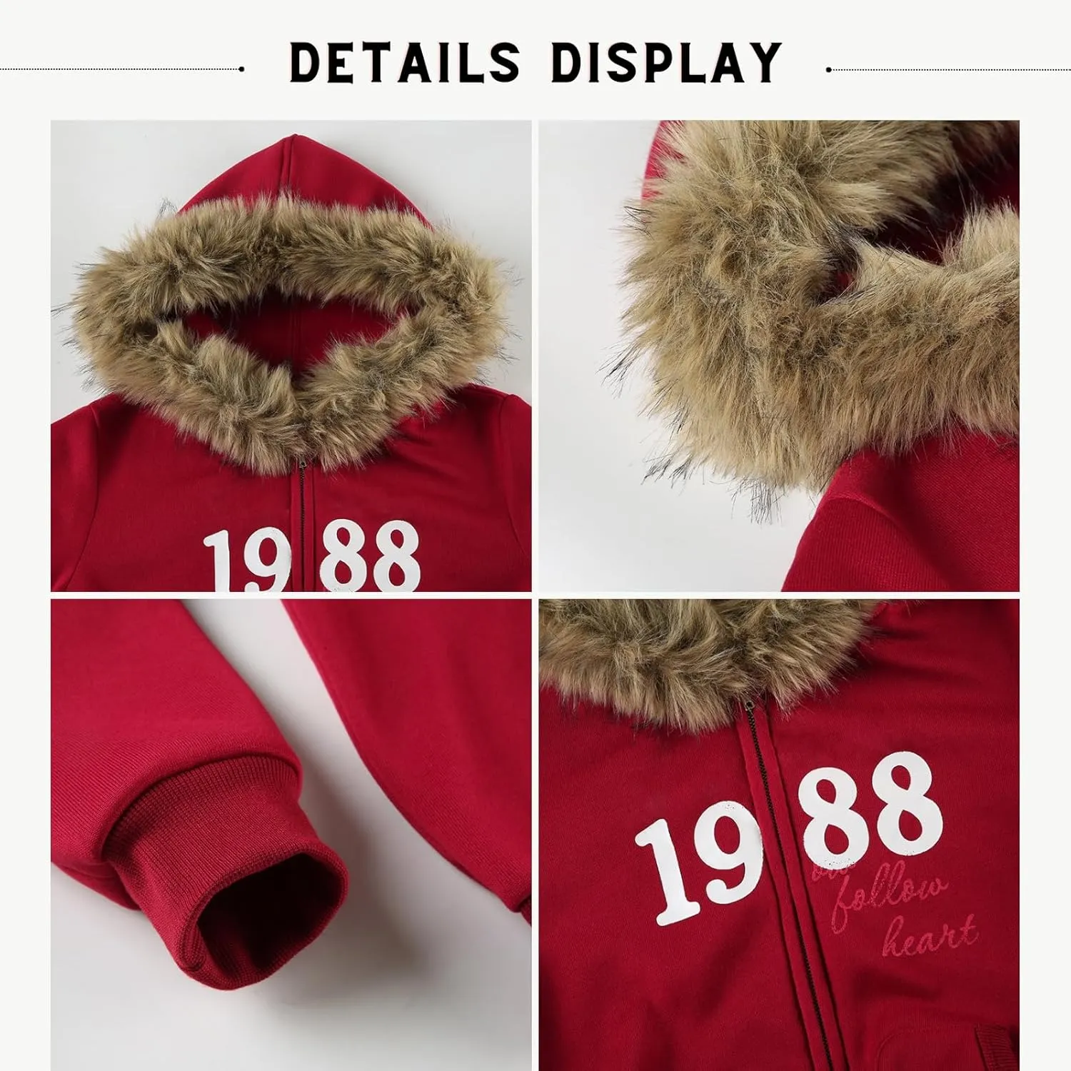 BAIMORE Women's Y2k Vintage Faux Fur Hood Zip Up Letter Graphic Long Sleeve Slim Hoodie