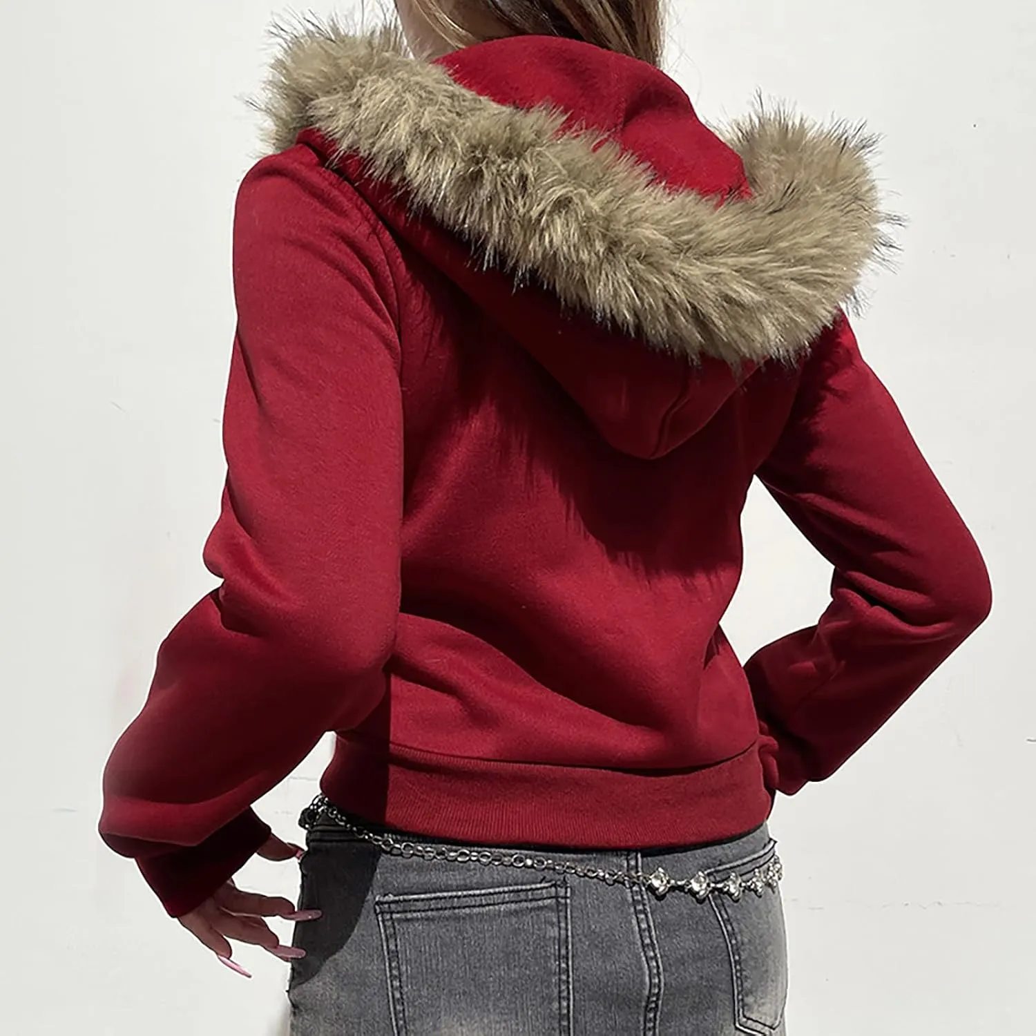 BAIMORE Women's Y2k Vintage Faux Fur Hood Zip Up Letter Graphic Long Sleeve Slim Hoodie