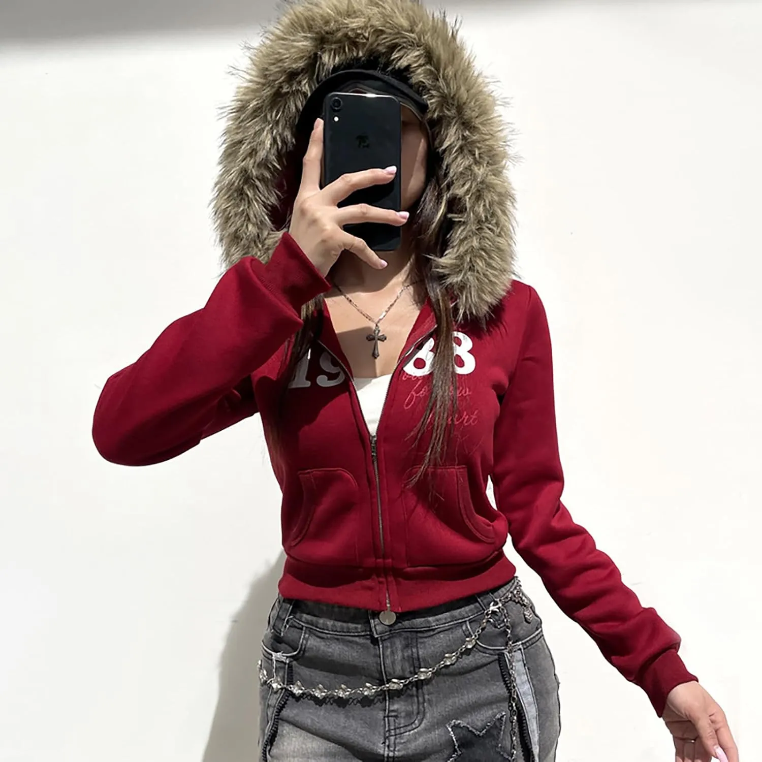 BAIMORE Women's Y2k Vintage Faux Fur Hood Zip Up Letter Graphic Long Sleeve Slim Hoodie
