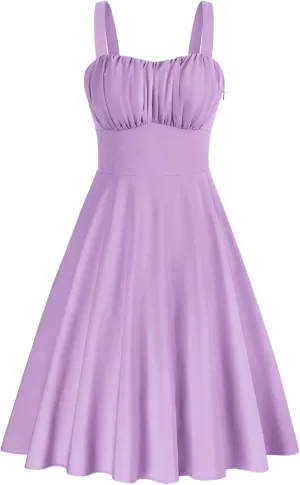 Belle Poque Women's Vintage Sleeveless Solid Floral Ruched Summer Cute A-Line Flowy Swing Midi Dress