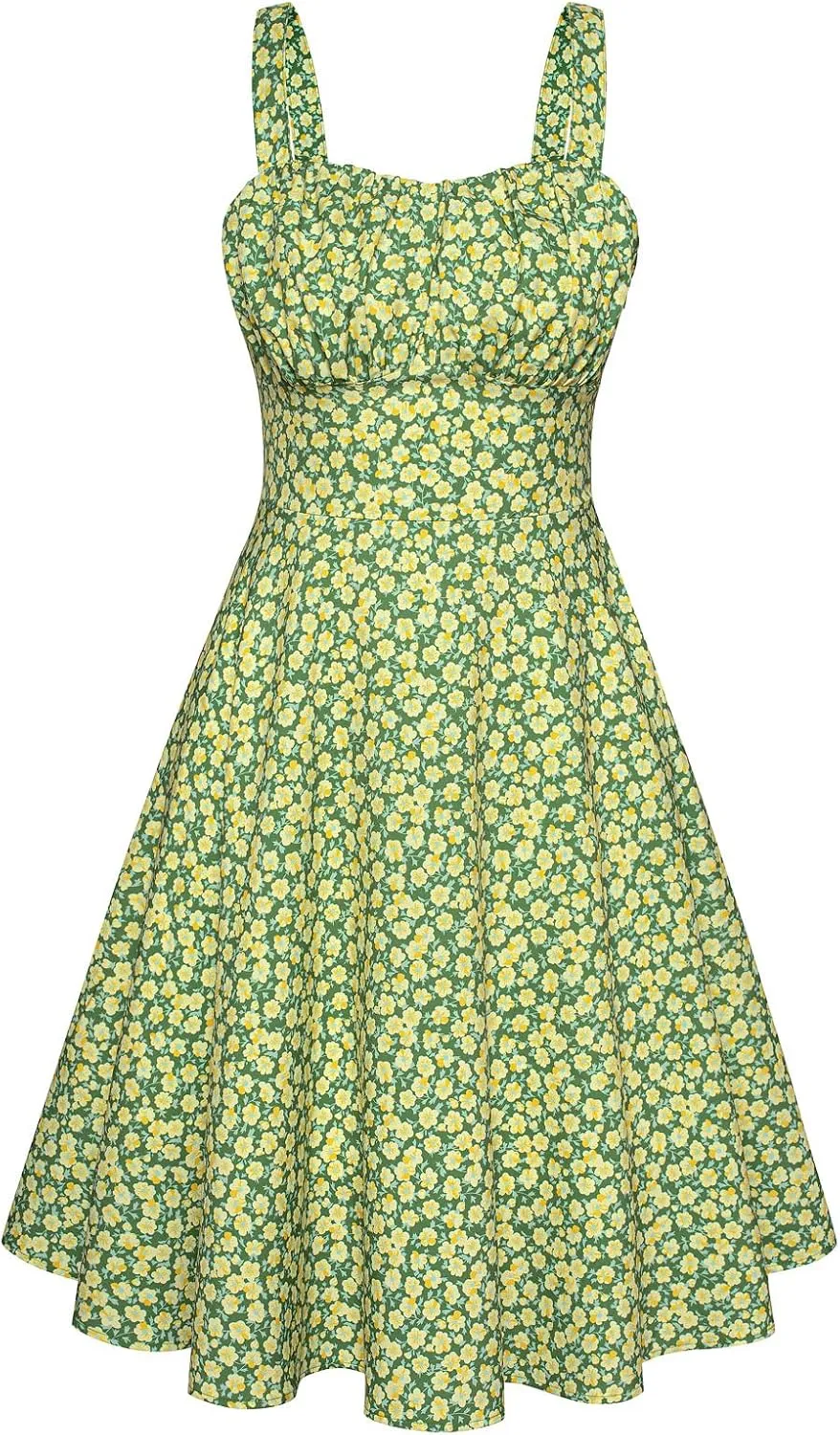 Belle Poque Women's Vintage Sleeveless Solid Floral Ruched Summer Cute A-Line Flowy Swing Midi Dress