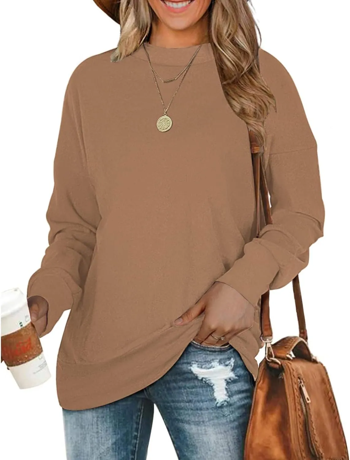 BEUFRI Oversized Sweatshirts for Women Crew Neck Long Sleeve Tunic Shirt Tops for Legging