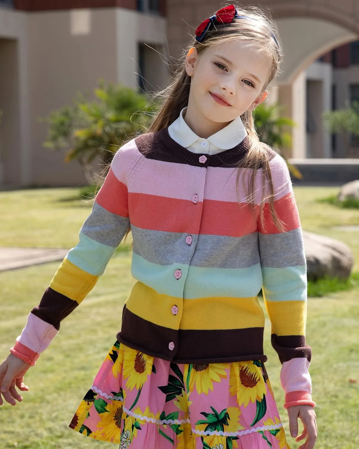 BOBOYOYO Girls Cute Cardigan 100% Cotton Rainbow Kids Cardigan Sweater Button up Striped Knit Cardigan Children for 5-12 Y
