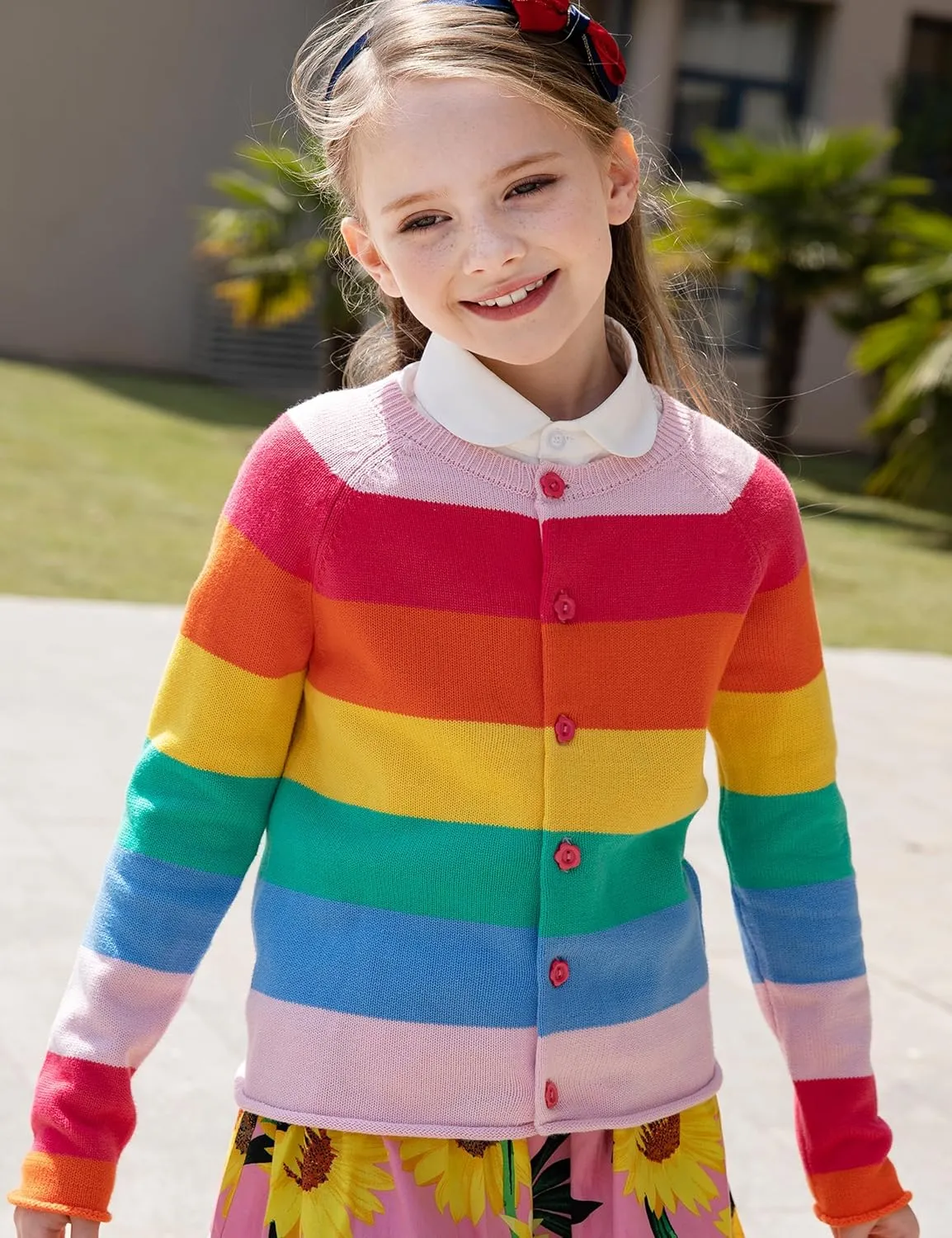 BOBOYOYO Girls Cute Cardigan 100% Cotton Rainbow Kids Cardigan Sweater Button up Striped Knit Cardigan Children for 5-12 Y