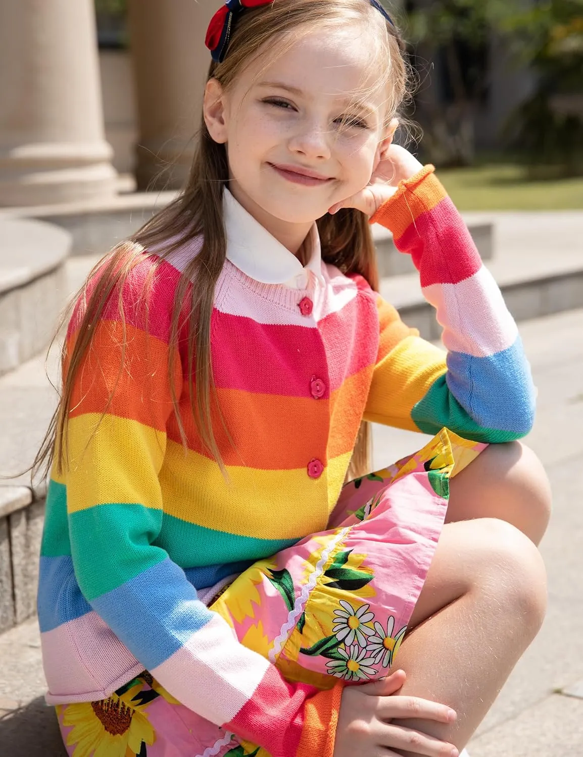 BOBOYOYO Girls Cute Cardigan 100% Cotton Rainbow Kids Cardigan Sweater Button up Striped Knit Cardigan Children for 5-12 Y