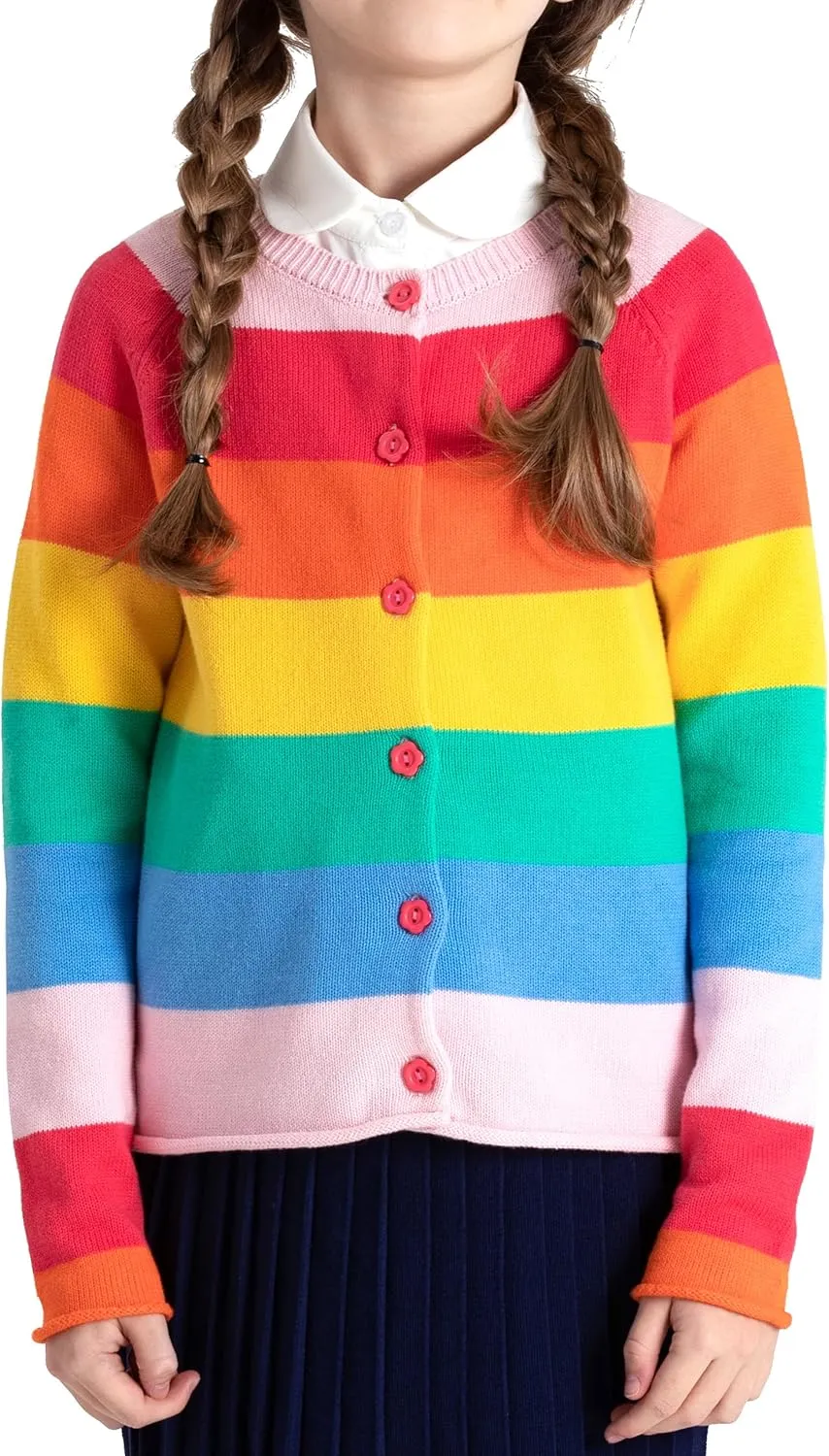 BOBOYOYO Girls Cute Cardigan 100% Cotton Rainbow Kids Cardigan Sweater Button up Striped Knit Cardigan Children for 5-12 Y