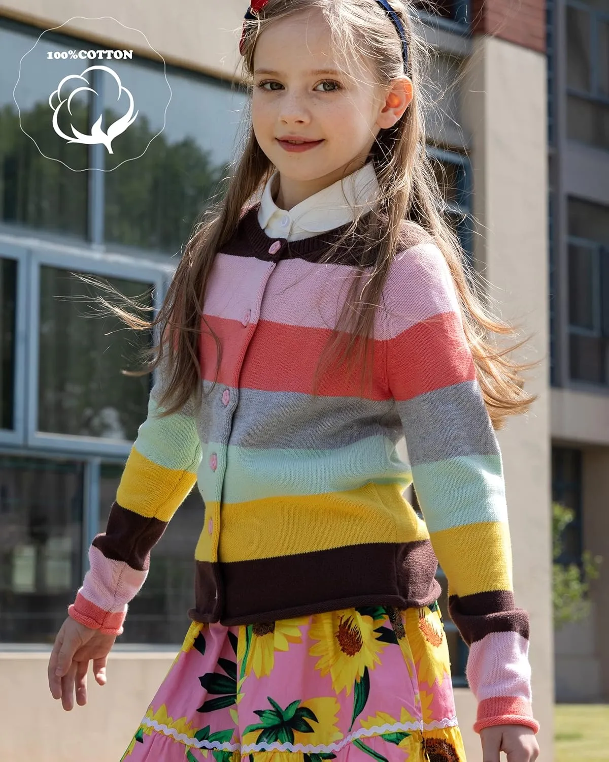 BOBOYOYO Girls Cute Cardigan 100% Cotton Rainbow Kids Cardigan Sweater Button up Striped Knit Cardigan Children for 5-12 Y