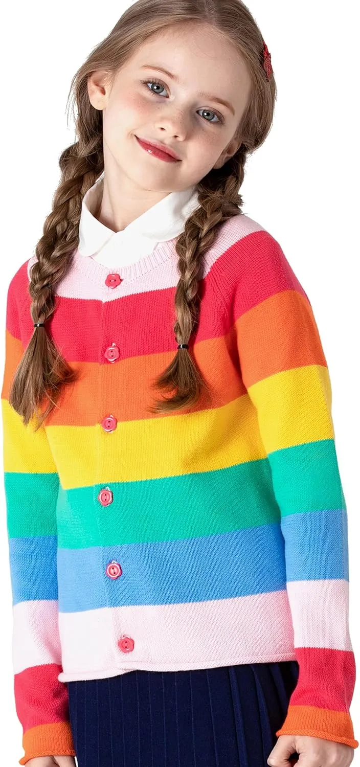 BOBOYOYO Girls Cute Cardigan 100% Cotton Rainbow Kids Cardigan Sweater Button up Striped Knit Cardigan Children for 5-12 Y