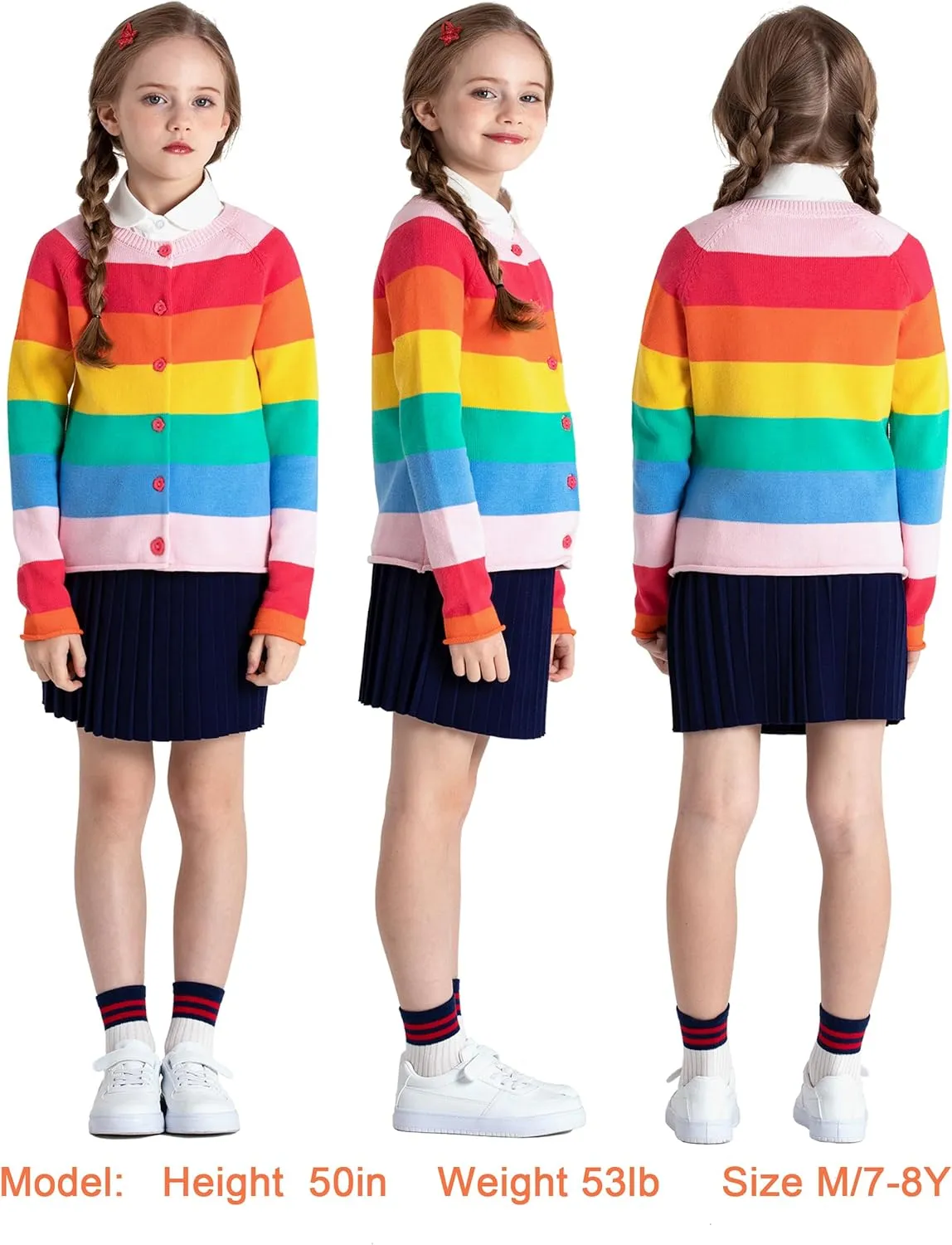 BOBOYOYO Girls Cute Cardigan 100% Cotton Rainbow Kids Cardigan Sweater Button up Striped Knit Cardigan Children for 5-12 Y