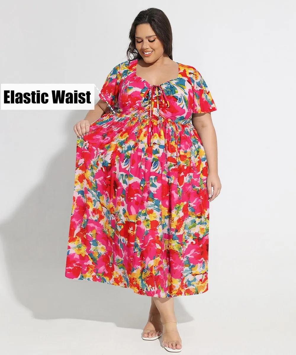 CARCOS Plus Size Dresses for Curvy Women Tie Sweetheart Neck Summer Maxi Dress Short Sleeve Empire Waist Floral Boho Dress