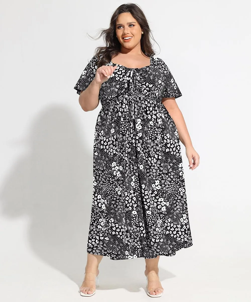 CARCOS Plus Size Dresses for Curvy Women Tie Sweetheart Neck Summer Maxi Dress Short Sleeve Empire Waist Floral Boho Dress