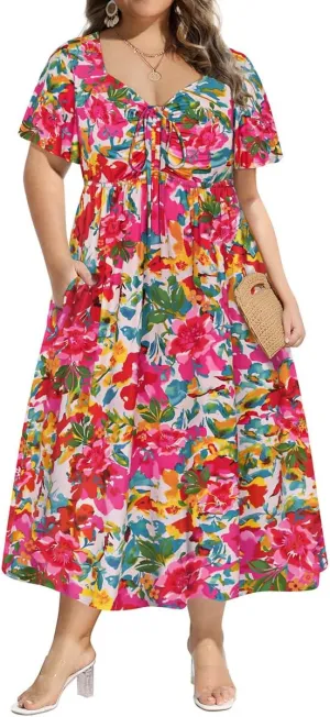 CARCOS Plus Size Dresses for Curvy Women Tie Sweetheart Neck Summer Maxi Dress Short Sleeve Empire Waist Floral Boho Dress
