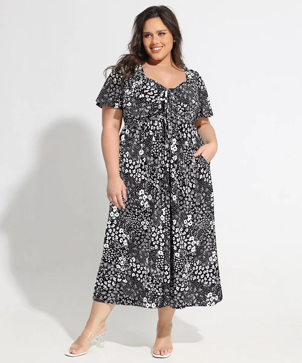 CARCOS Plus Size Dresses for Curvy Women Tie Sweetheart Neck Summer Maxi Dress Short Sleeve Empire Waist Floral Boho Dress