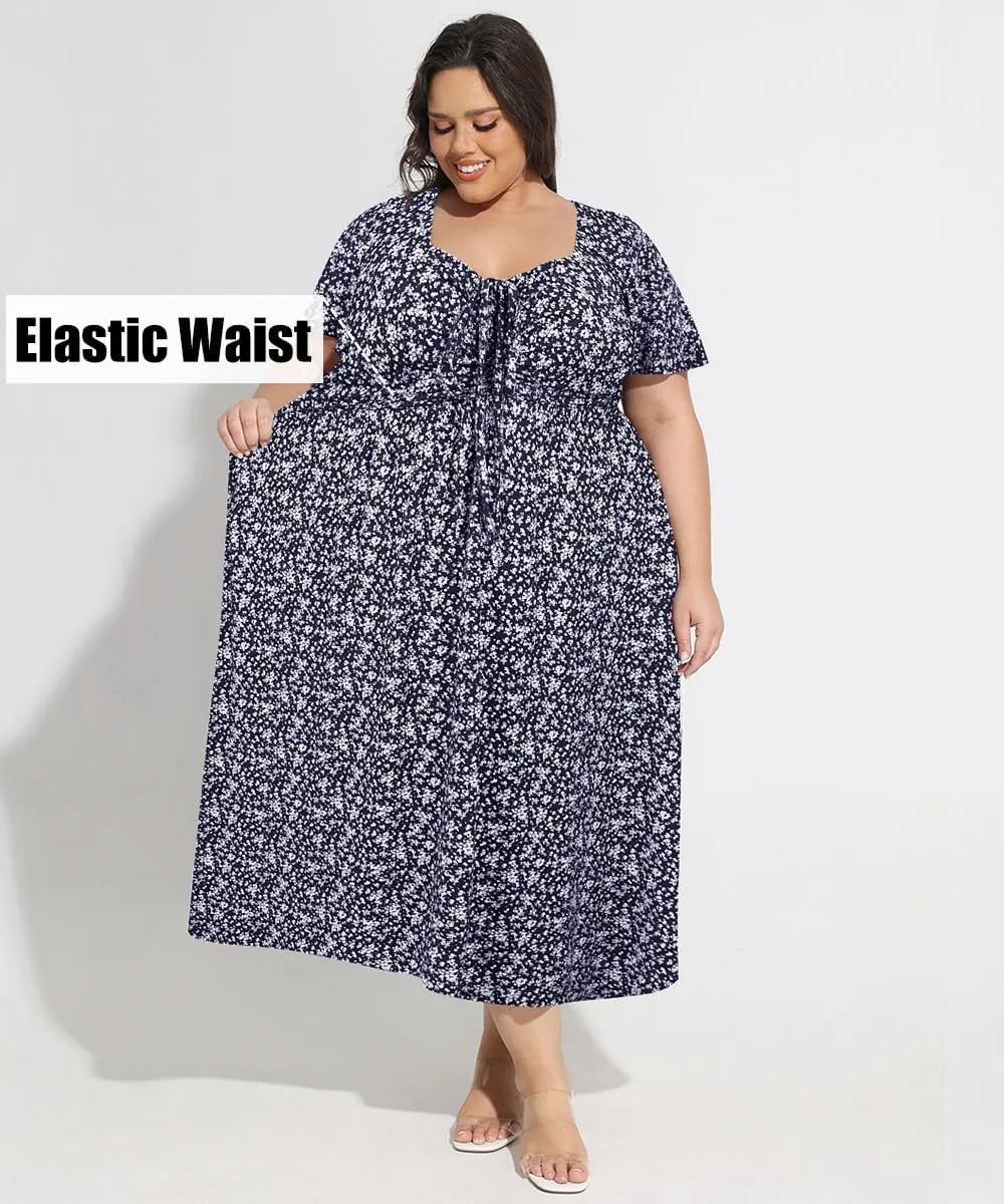 CARCOS Plus Size Dresses for Curvy Women Tie Sweetheart Neck Summer Maxi Dress Short Sleeve Empire Waist Floral Boho Dress