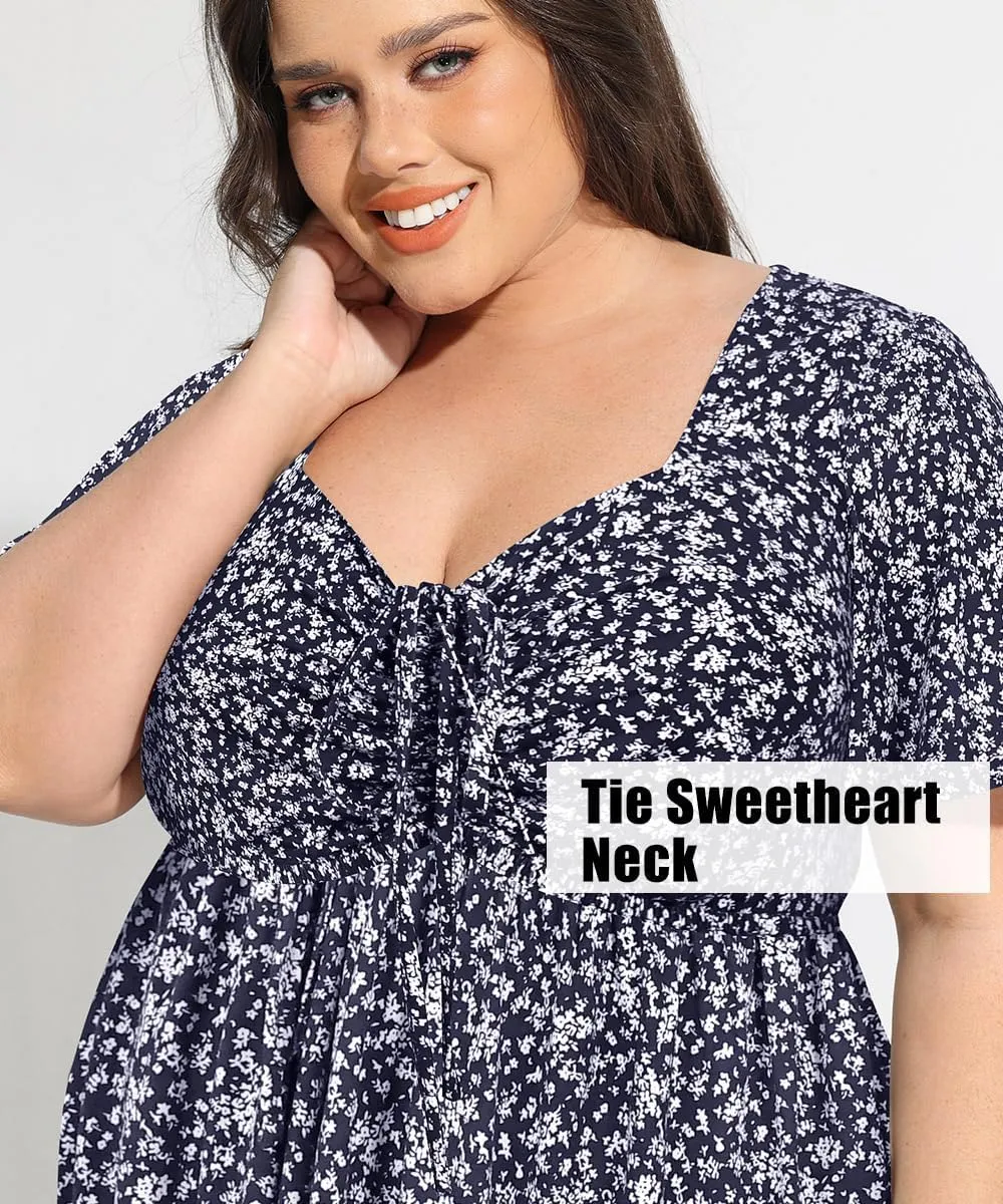 CARCOS Plus Size Dresses for Curvy Women Tie Sweetheart Neck Summer Maxi Dress Short Sleeve Empire Waist Floral Boho Dress