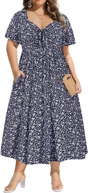 CARCOS Plus Size Dresses for Curvy Women Tie Sweetheart Neck Summer Maxi Dress Short Sleeve Empire Waist Floral Boho Dress