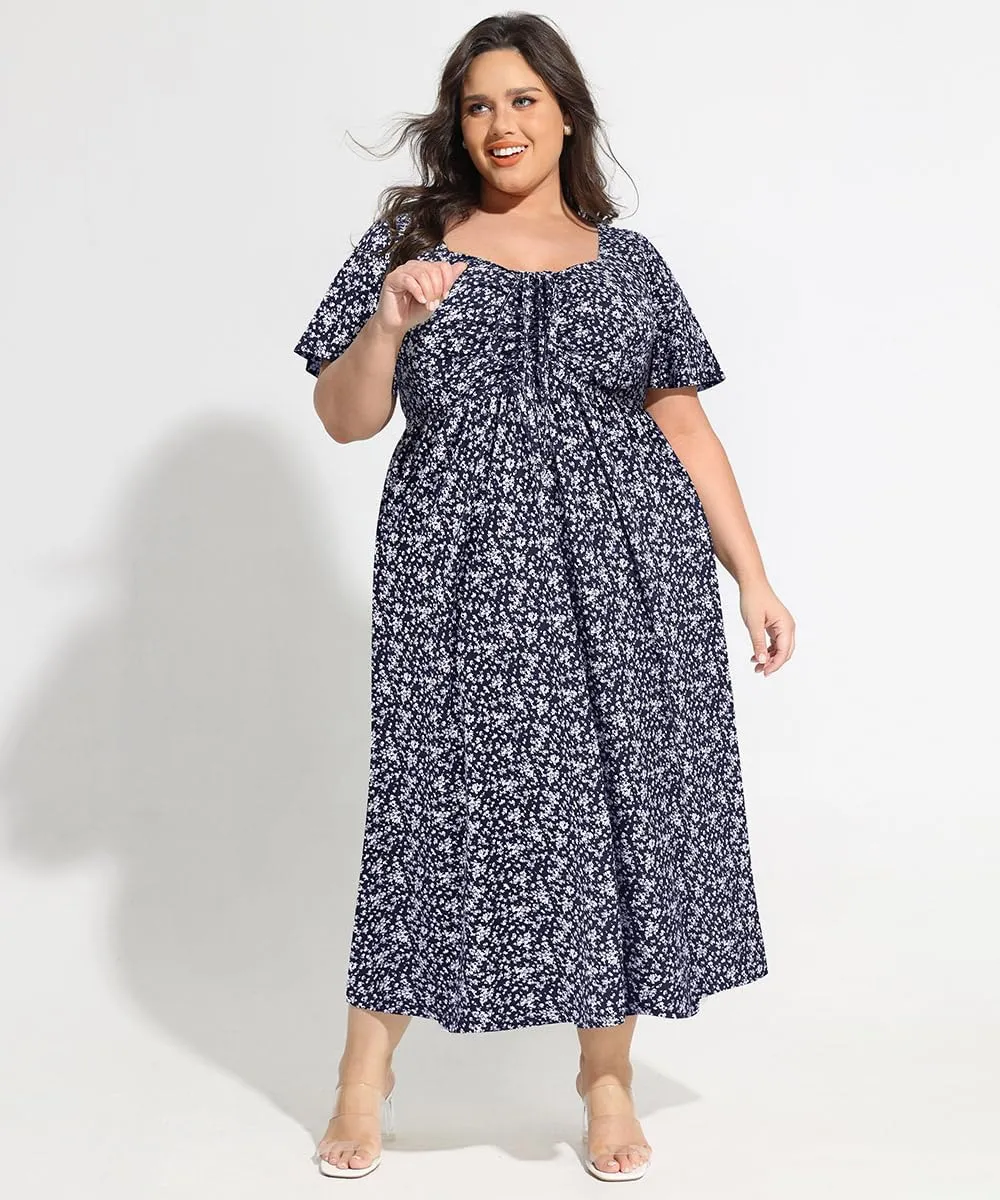 CARCOS Plus Size Dresses for Curvy Women Tie Sweetheart Neck Summer Maxi Dress Short Sleeve Empire Waist Floral Boho Dress
