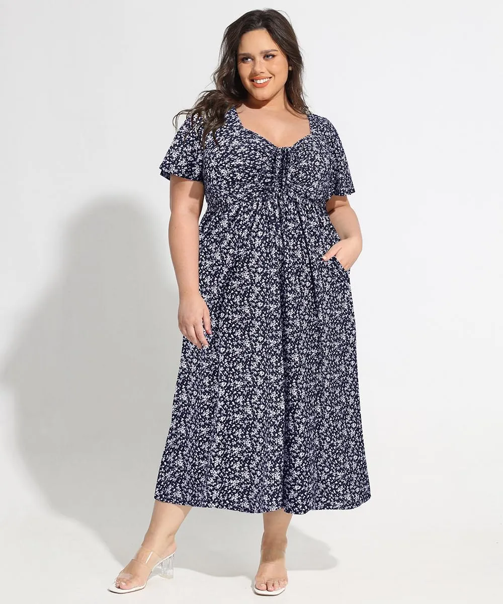 CARCOS Plus Size Dresses for Curvy Women Tie Sweetheart Neck Summer Maxi Dress Short Sleeve Empire Waist Floral Boho Dress