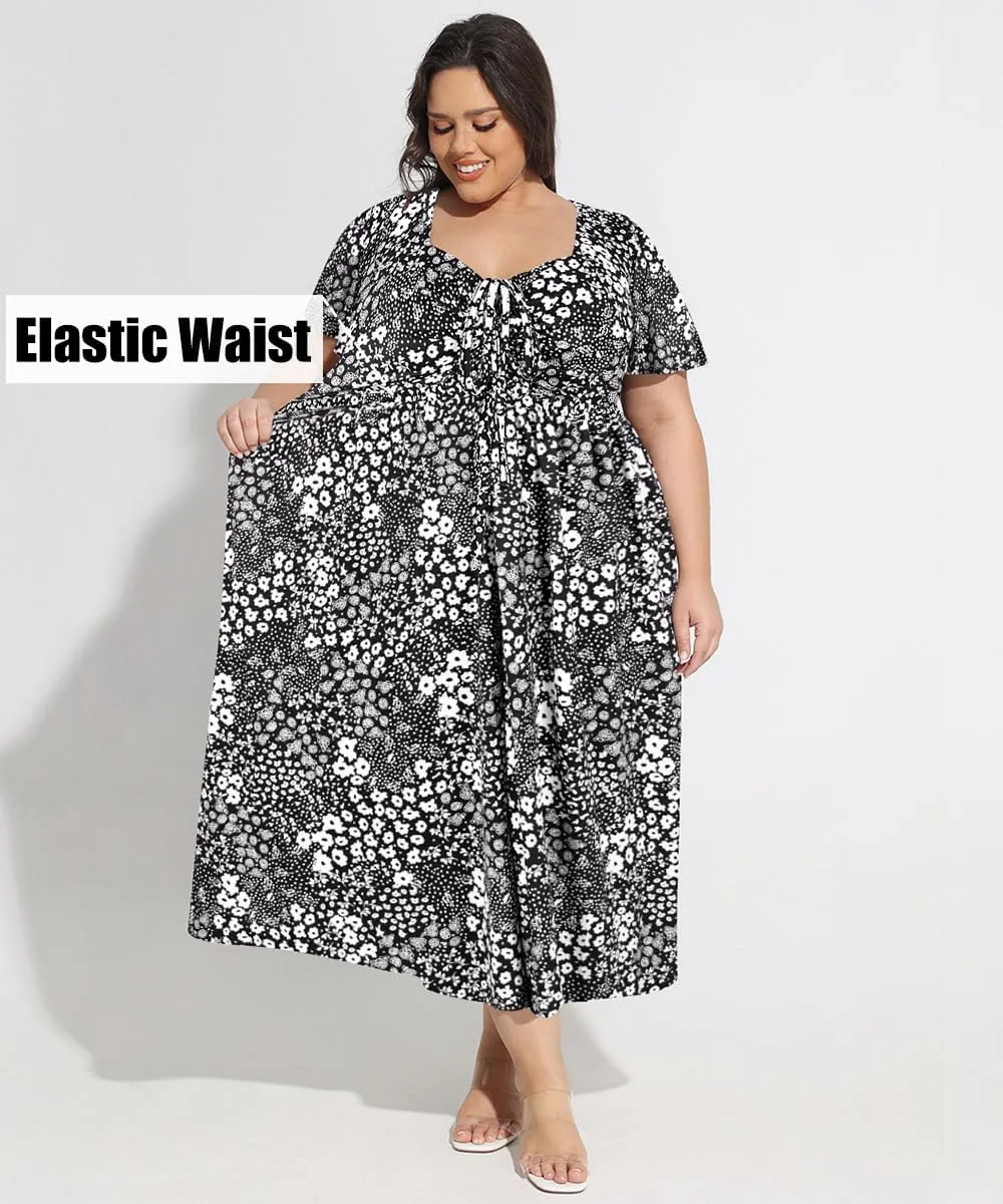 CARCOS Plus Size Dresses for Curvy Women Tie Sweetheart Neck Summer Maxi Dress Short Sleeve Empire Waist Floral Boho Dress
