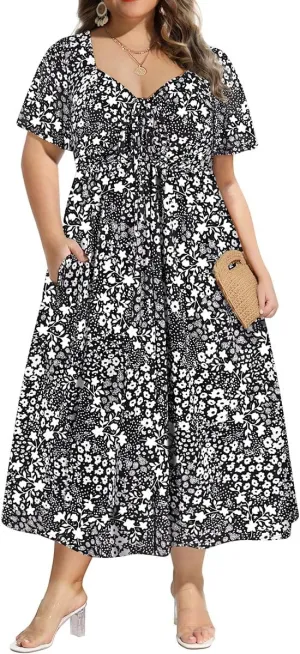 CARCOS Plus Size Dresses for Curvy Women Tie Sweetheart Neck Summer Maxi Dress Short Sleeve Empire Waist Floral Boho Dress