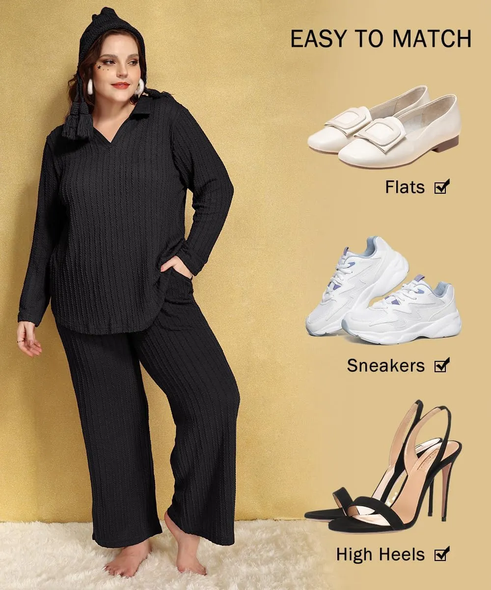 CARCOS Plus Size Pants for Women Cable Knit Lounge Pants Elastic High Waist Palazzo Pants Casual Wide Leg Pants with Pockets
