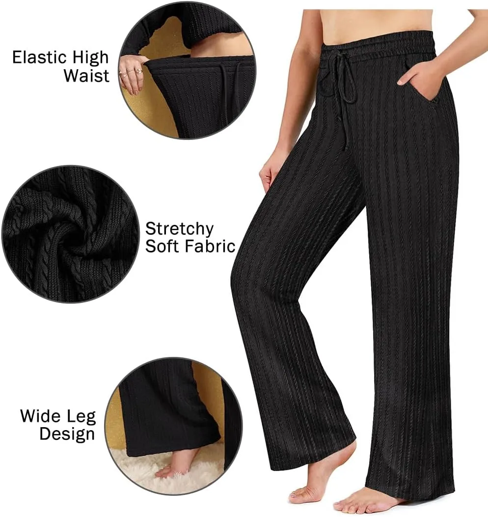 CARCOS Plus Size Pants for Women Cable Knit Lounge Pants Elastic High Waist Palazzo Pants Casual Wide Leg Pants with Pockets