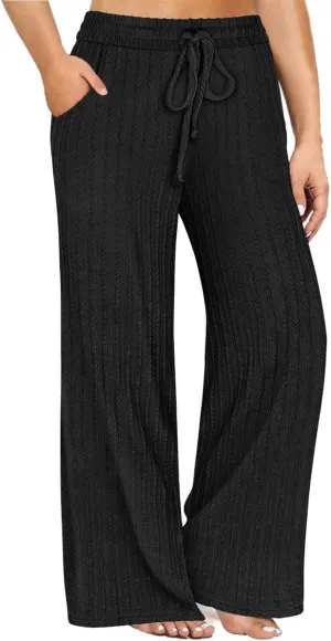 CARCOS Plus Size Pants for Women Cable Knit Lounge Pants Elastic High Waist Palazzo Pants Casual Wide Leg Pants with Pockets