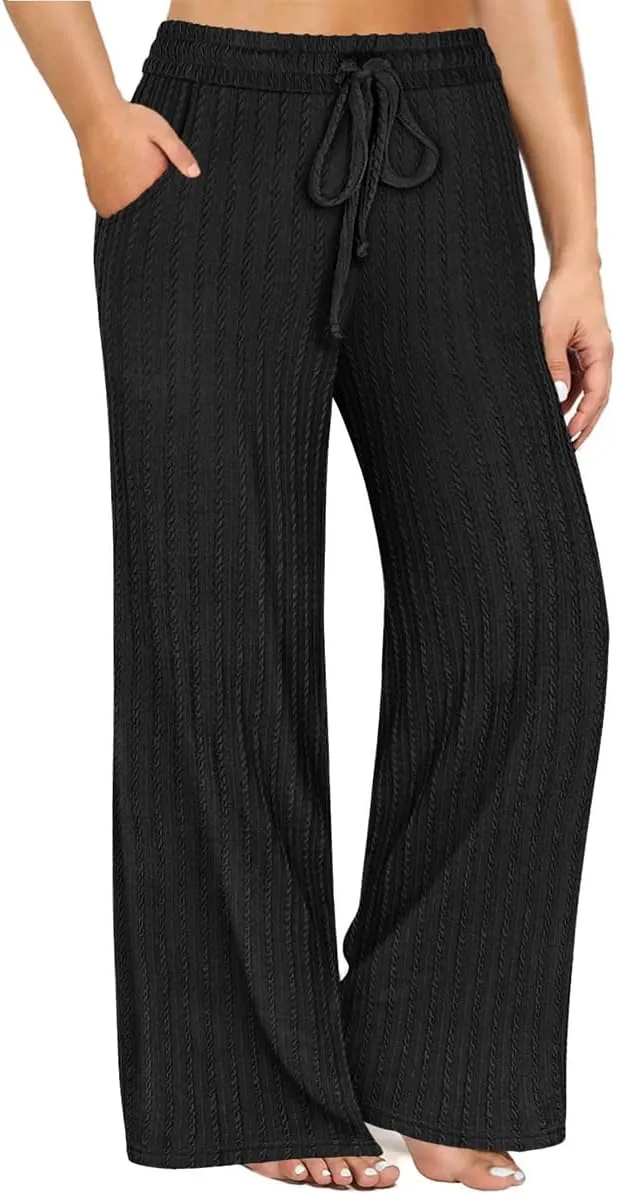CARCOS Plus Size Pants for Women Cable Knit Lounge Pants Elastic High Waist Palazzo Pants Casual Wide Leg Pants with Pockets