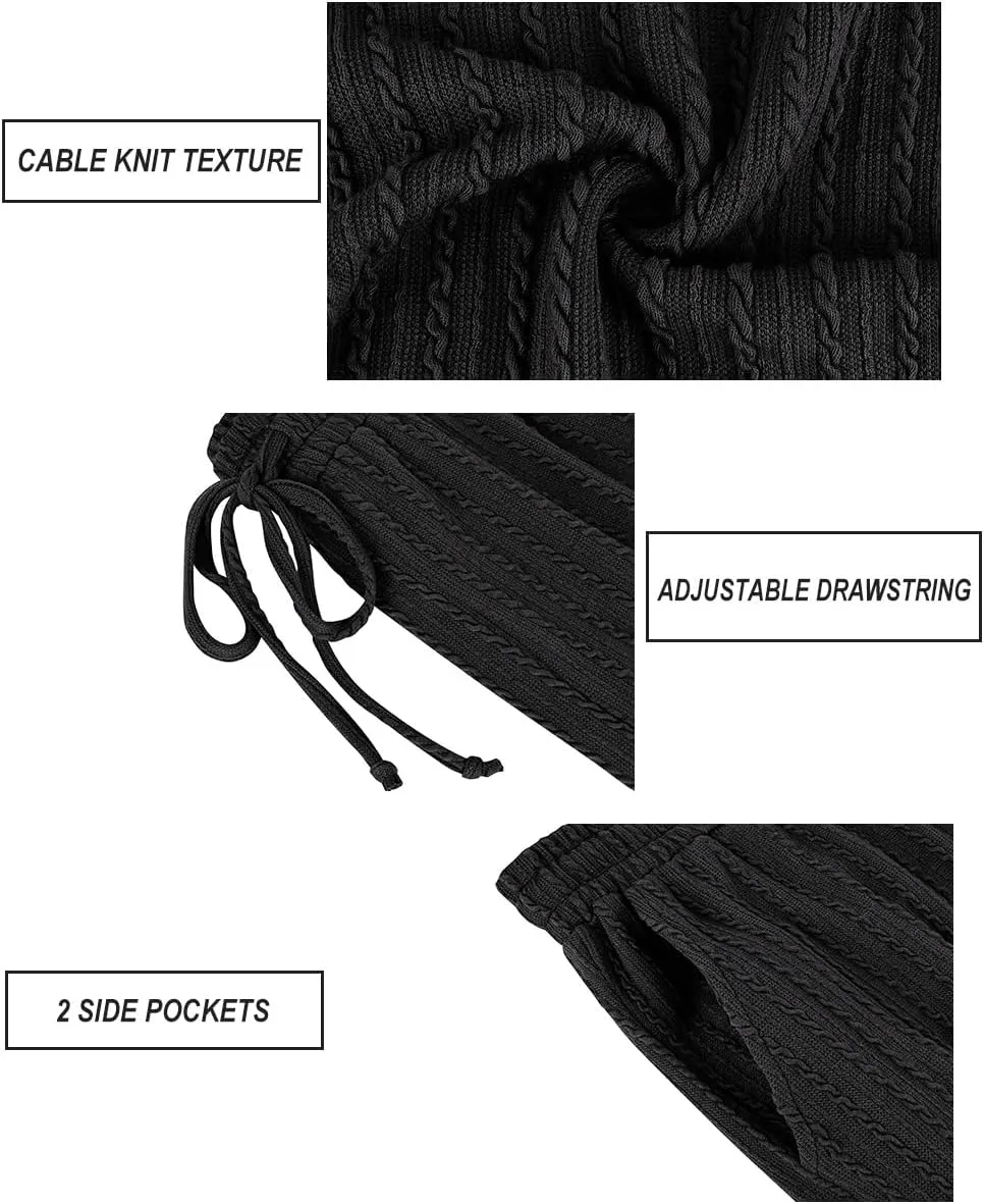 CARCOS Plus Size Pants for Women Cable Knit Lounge Pants Elastic High Waist Palazzo Pants Casual Wide Leg Pants with Pockets