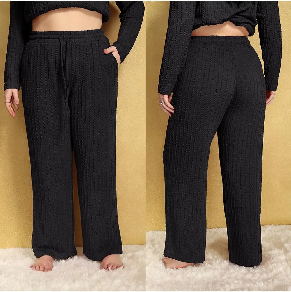CARCOS Plus Size Pants for Women Cable Knit Lounge Pants Elastic High Waist Palazzo Pants Casual Wide Leg Pants with Pockets
