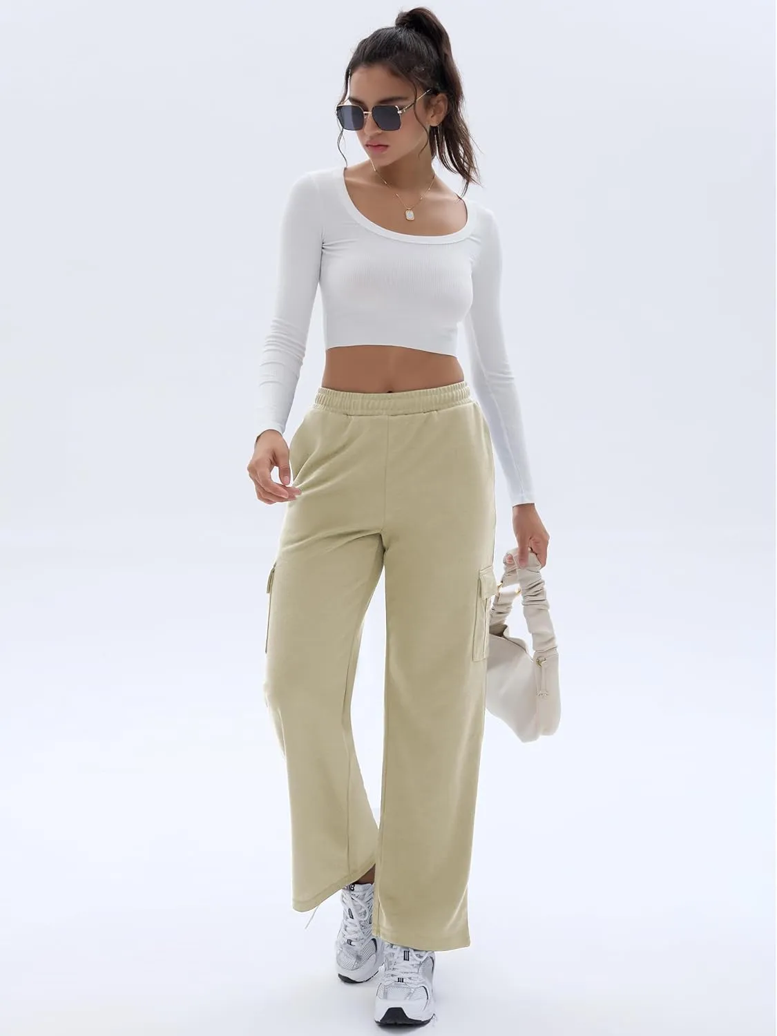 Cargo Sweatpants for Women High Waisted Wide Leg Cargo Pant Baggy Elastic Thicken with 6 Pockets