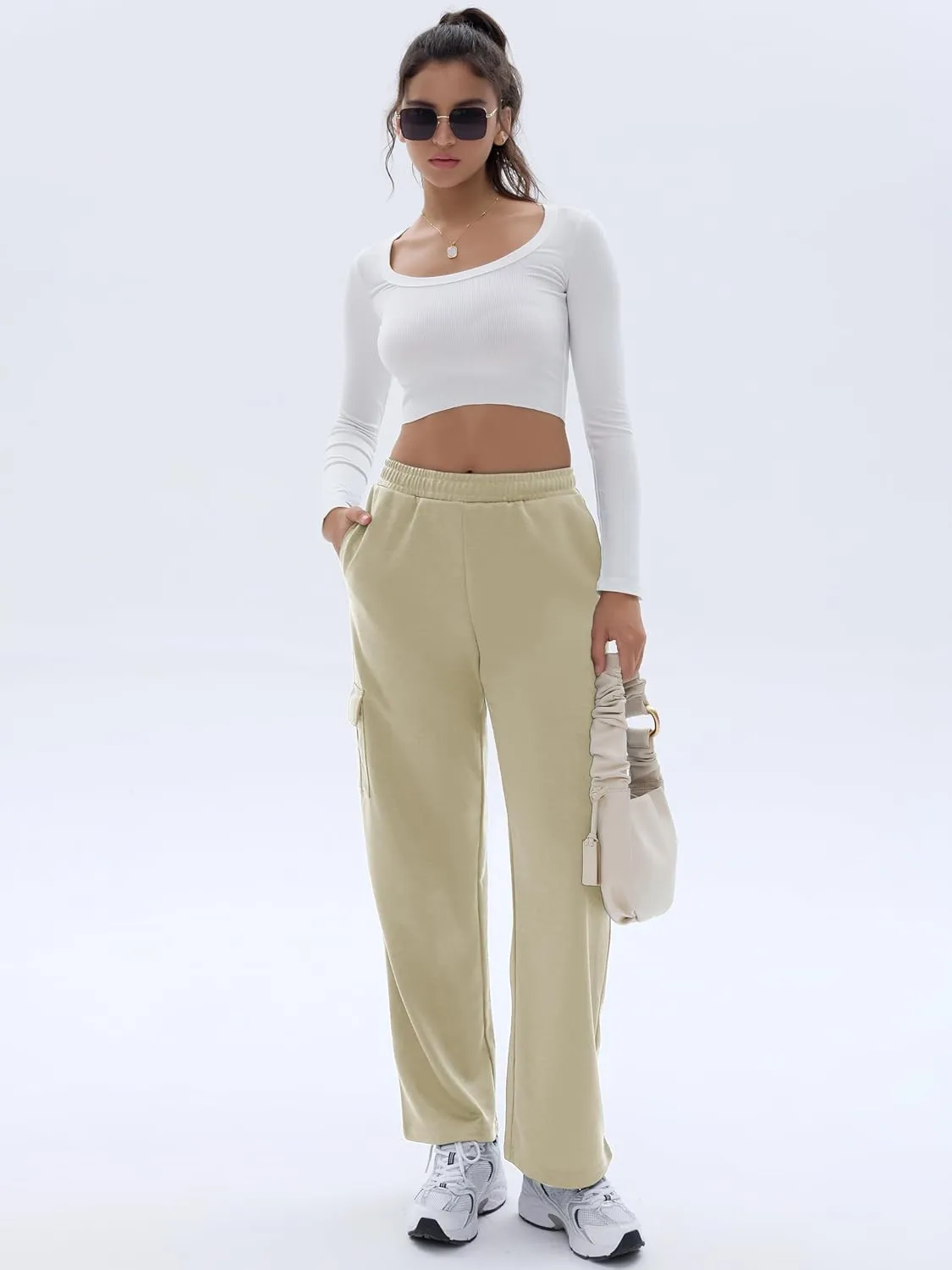 Cargo Sweatpants for Women High Waisted Wide Leg Cargo Pant Baggy Elastic Thicken with 6 Pockets