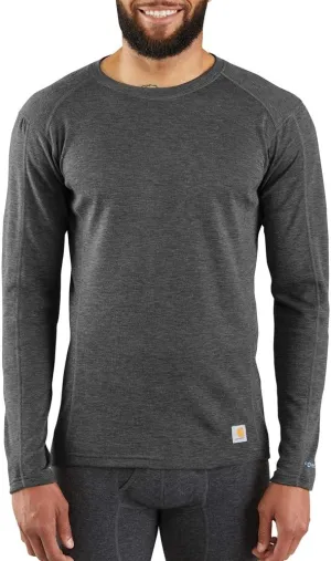 Carhartt Men's Force Midweight Synthetic-Wool Blend Base Layer Crewneck Pocket Top, Dark Black Heather, Medium