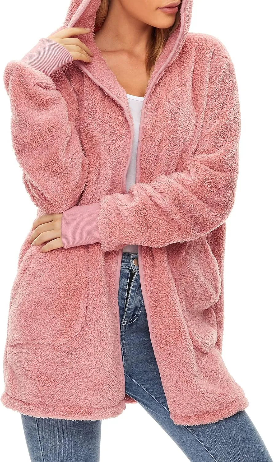Century Star Women Fleece Cardigan Hooded Loose Fuzzy Cardigan Coat Womens Fuzzy Jacket Outwear