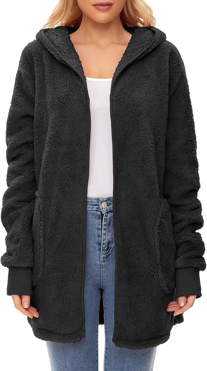 Century Star Women Fleece Cardigan Hooded Loose Fuzzy Cardigan Coat Womens Fuzzy Jacket Outwear