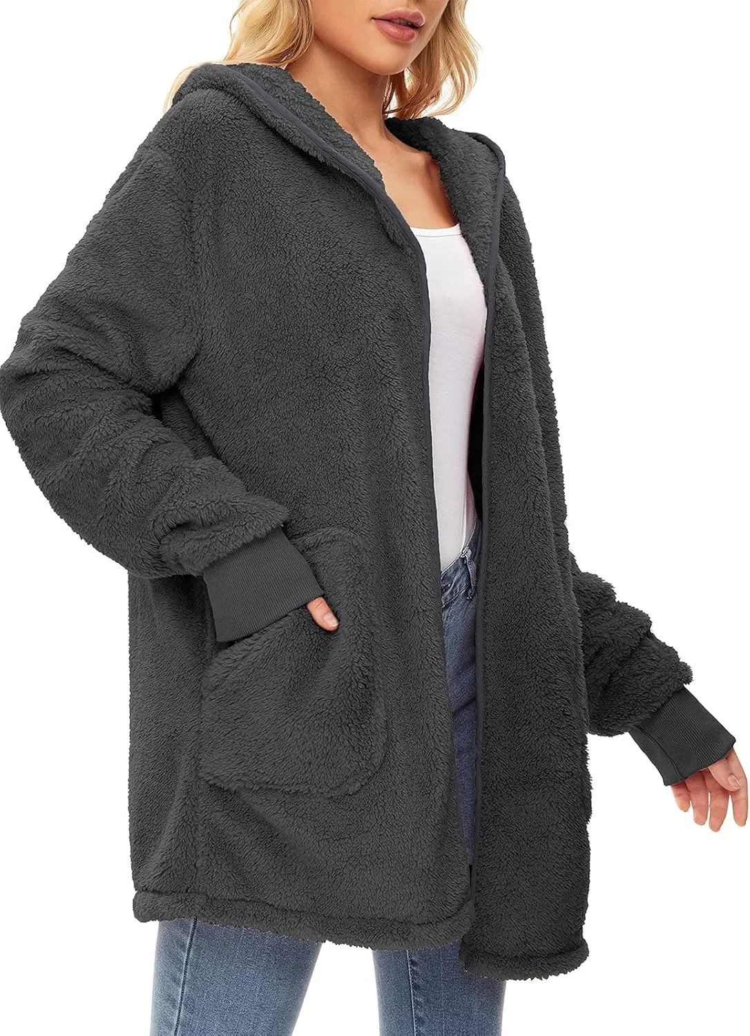 Century Star Women Fleece Cardigan Hooded Loose Fuzzy Cardigan Coat Womens Fuzzy Jacket Outwear