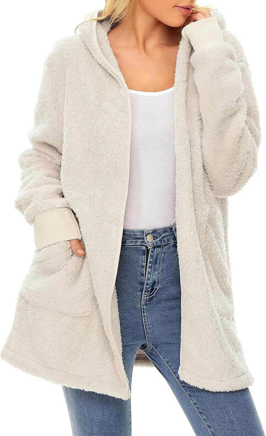 Century Star Women Fleece Cardigan Hooded Loose Fuzzy Cardigan Coat Womens Fuzzy Jacket Outwear