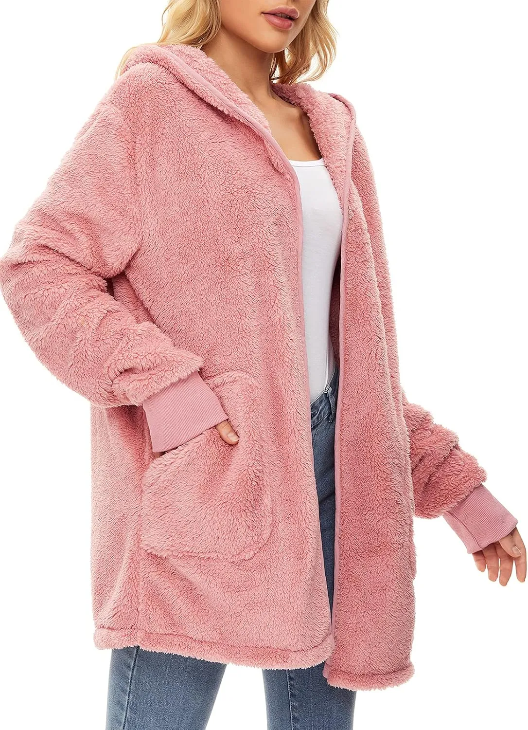 Century Star Women Fleece Cardigan Hooded Loose Fuzzy Cardigan Coat Womens Fuzzy Jacket Outwear