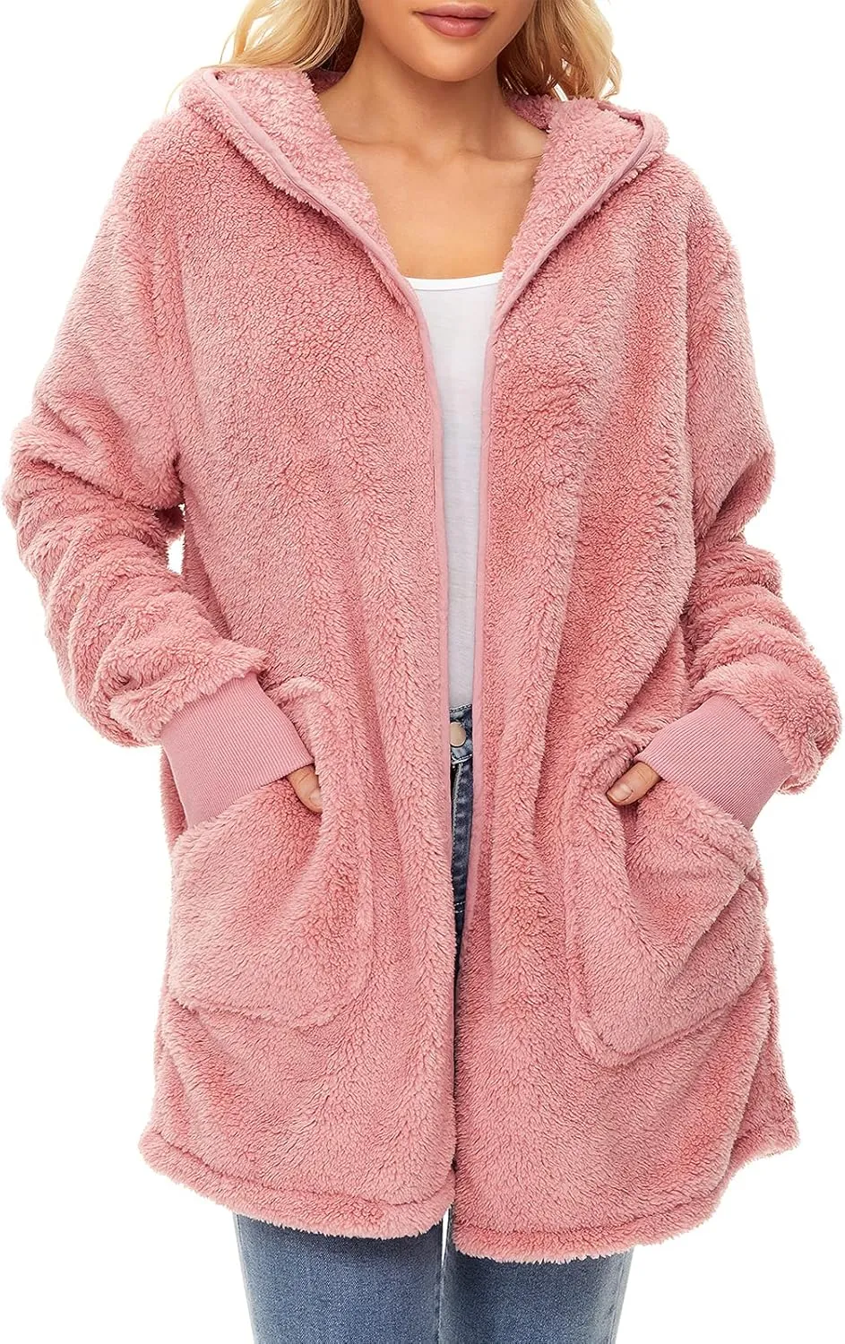 Century Star Women Fleece Cardigan Hooded Loose Fuzzy Cardigan Coat Womens Fuzzy Jacket Outwear