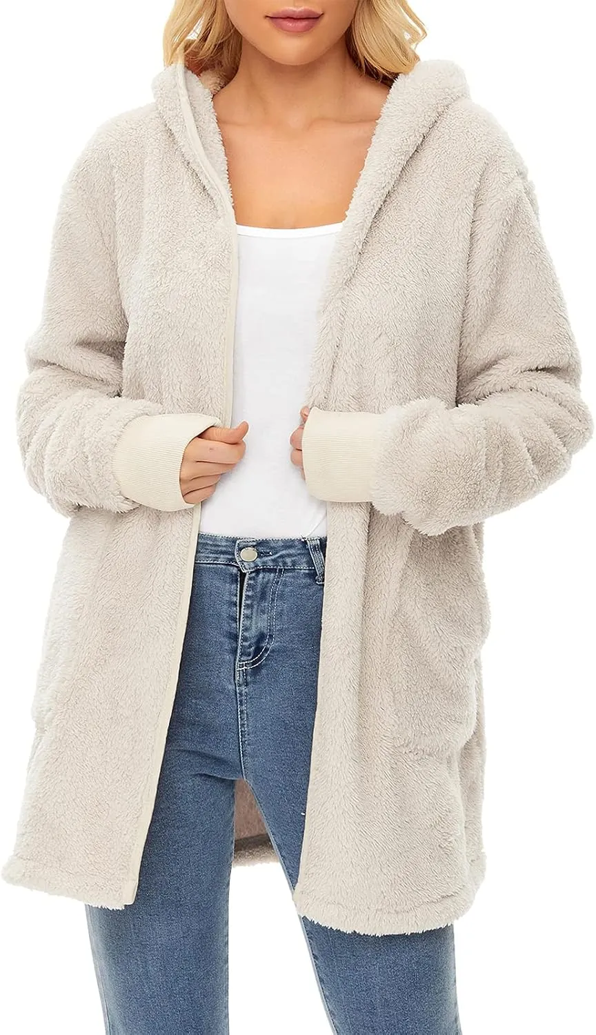 Century Star Women Fleece Cardigan Hooded Loose Fuzzy Cardigan Coat Womens Fuzzy Jacket Outwear