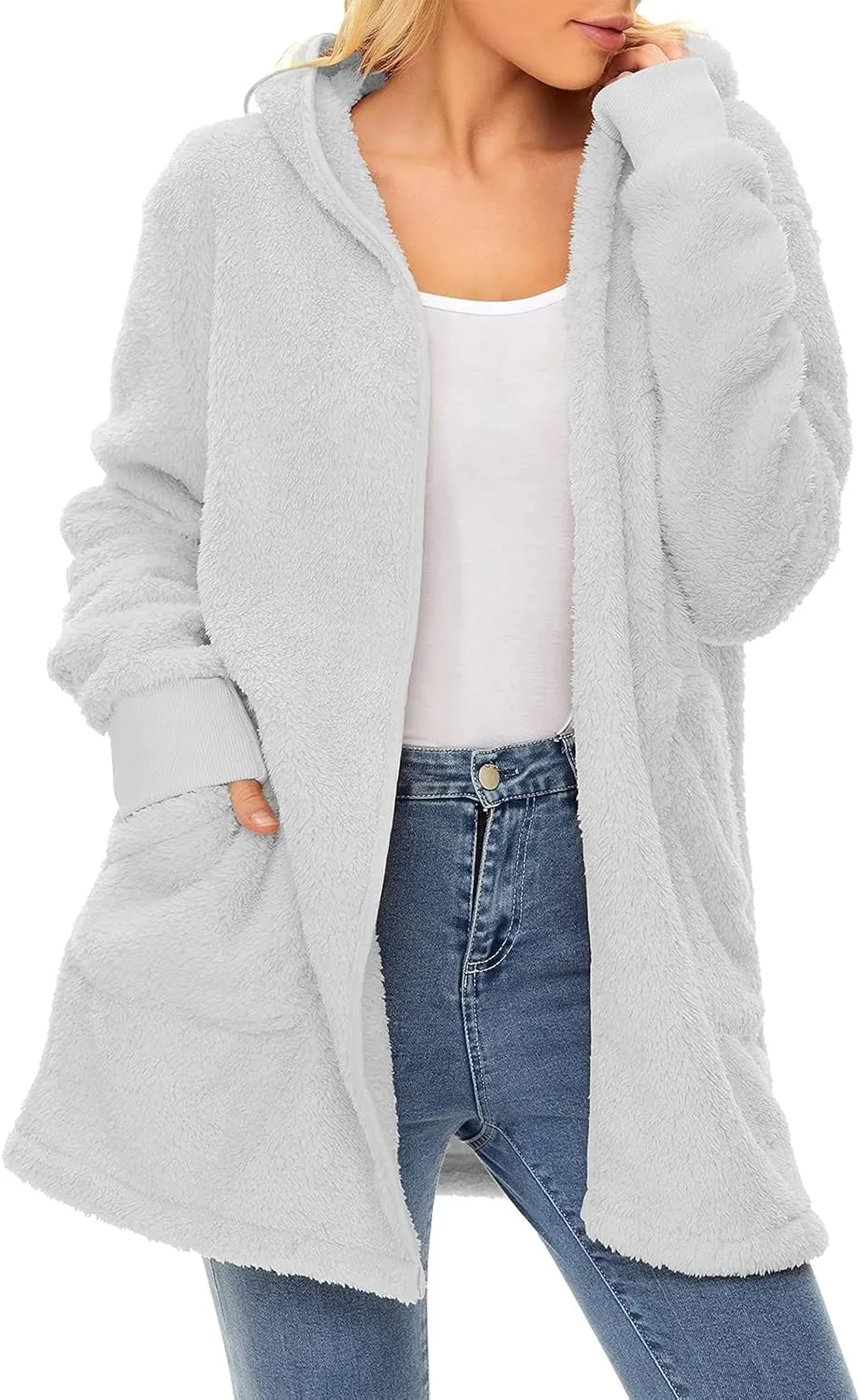 Century Star Women Fleece Cardigan Hooded Loose Fuzzy Cardigan Coat Womens Fuzzy Jacket Outwear