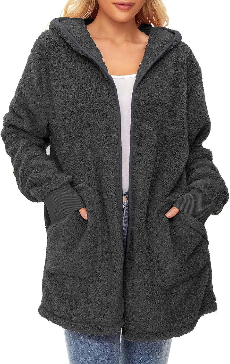 Century Star Women Fleece Cardigan Hooded Loose Fuzzy Cardigan Coat Womens Fuzzy Jacket Outwear