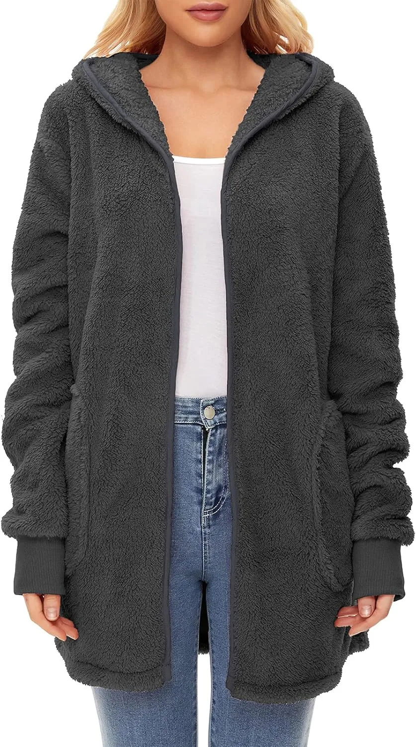 Century Star Women Fleece Cardigan Hooded Loose Fuzzy Cardigan Coat Womens Fuzzy Jacket Outwear