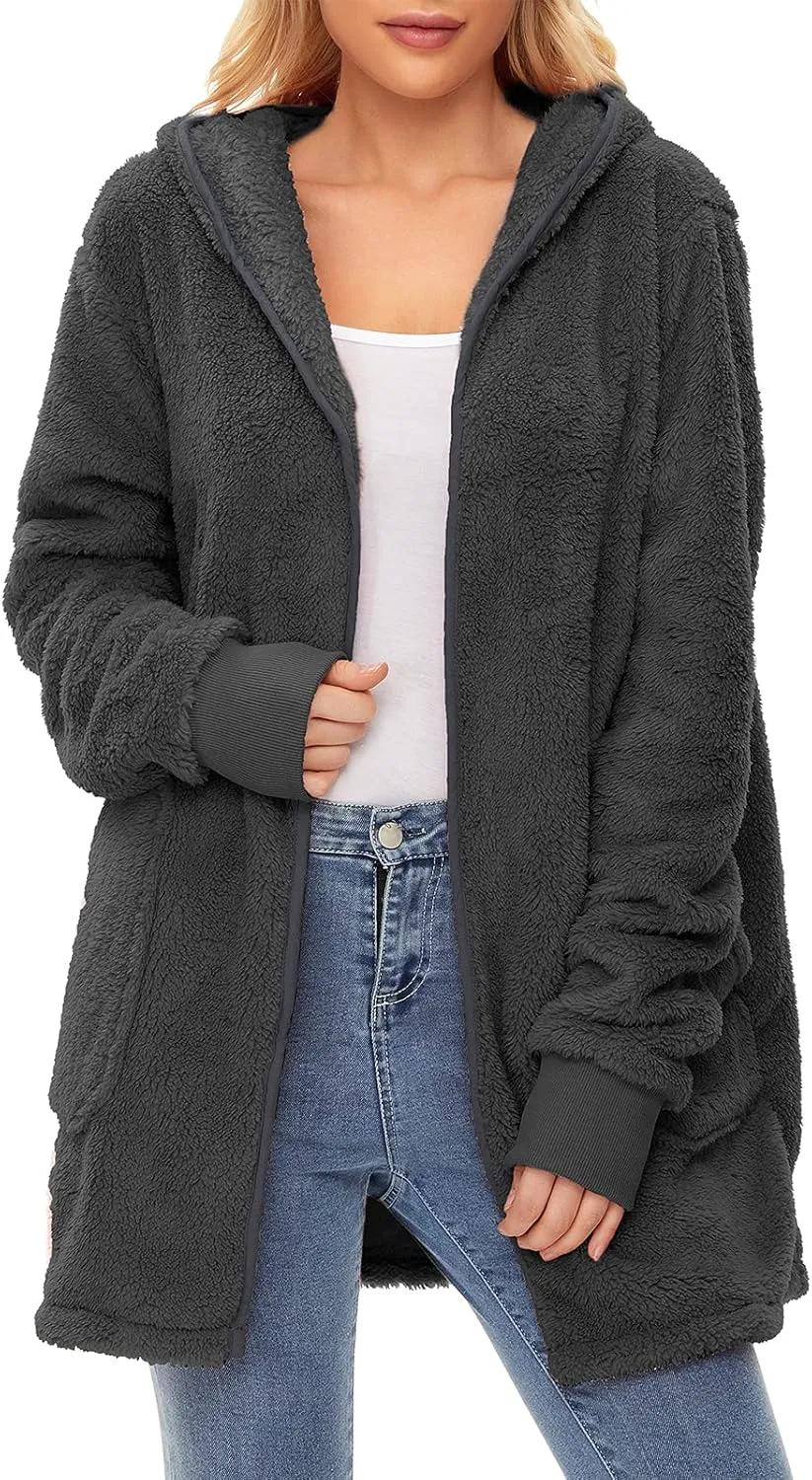 Century Star Women Fleece Cardigan Hooded Loose Fuzzy Cardigan Coat Womens Fuzzy Jacket Outwear