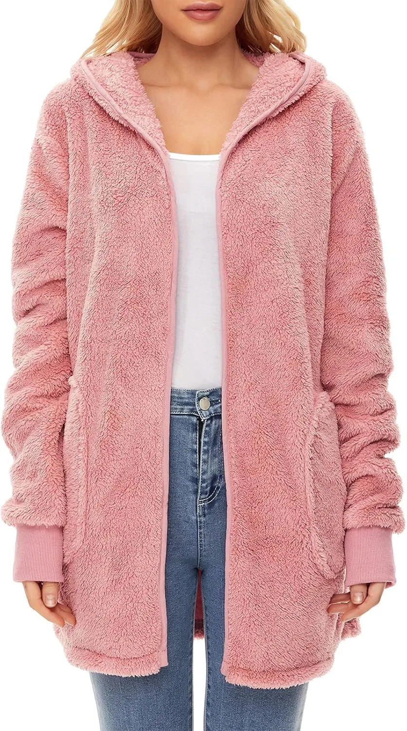 Century Star Women Fleece Cardigan Hooded Loose Fuzzy Cardigan Coat Womens Fuzzy Jacket Outwear